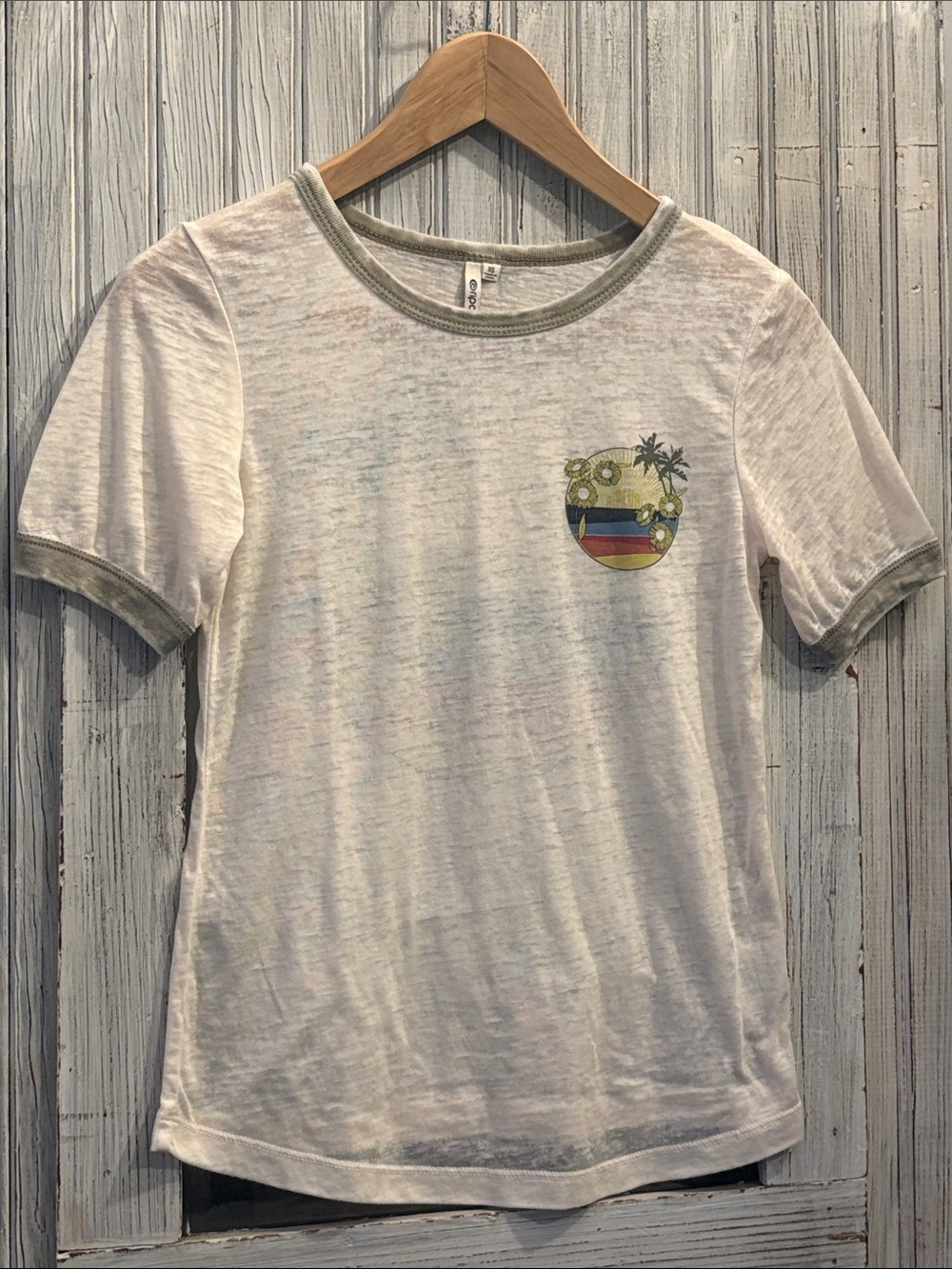 Rip Curl Ringer Tee with Beach Scene Graphics Cream Vintage Size XS